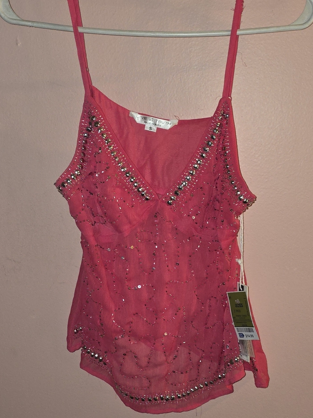 NWT Live 4 Truth Hot Pink Beaded Mesh Cami Top Y2K Fairycore Small